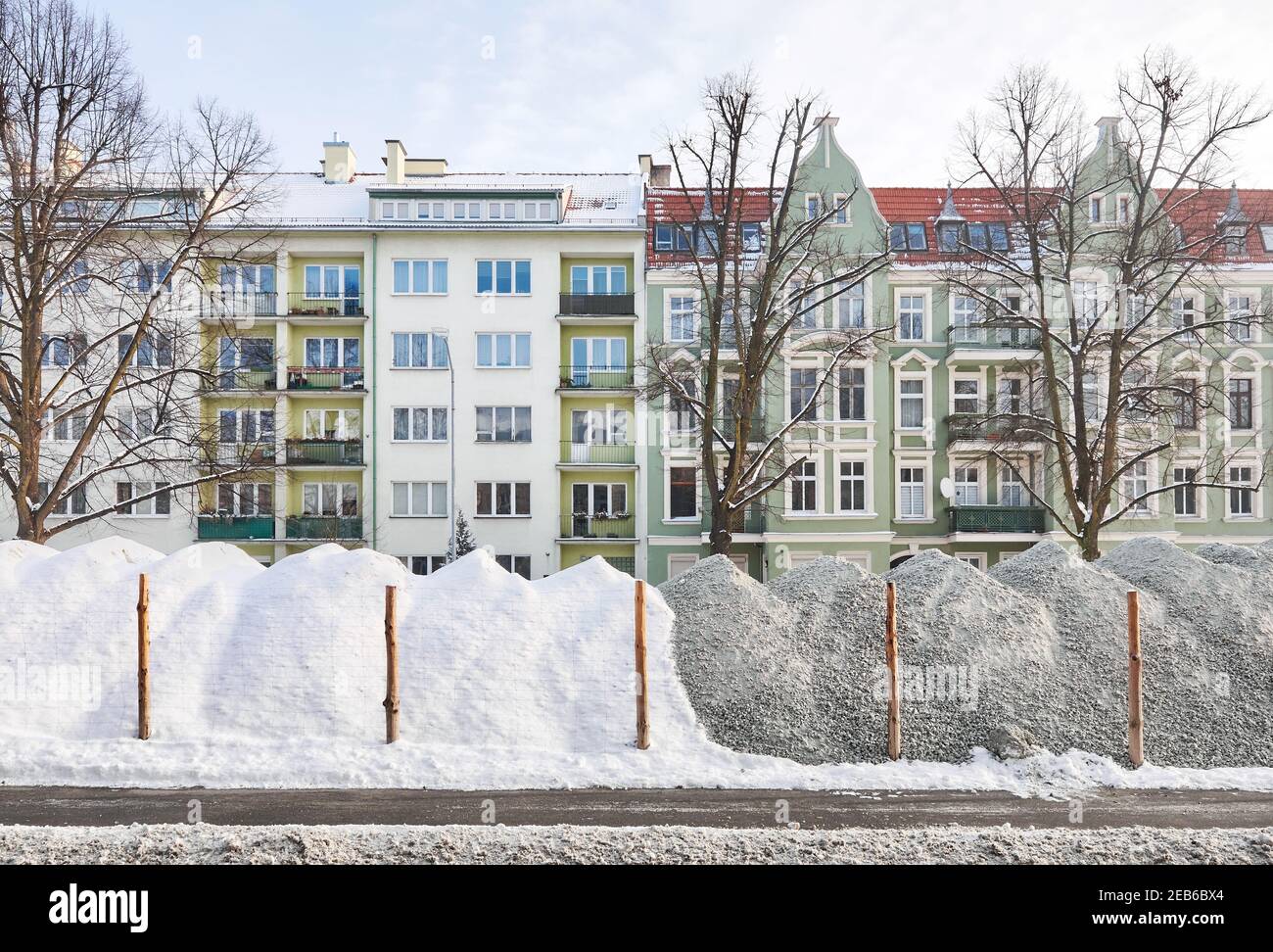 Cantiere stradale in inverno, Szczecin, Polonia. Foto Stock