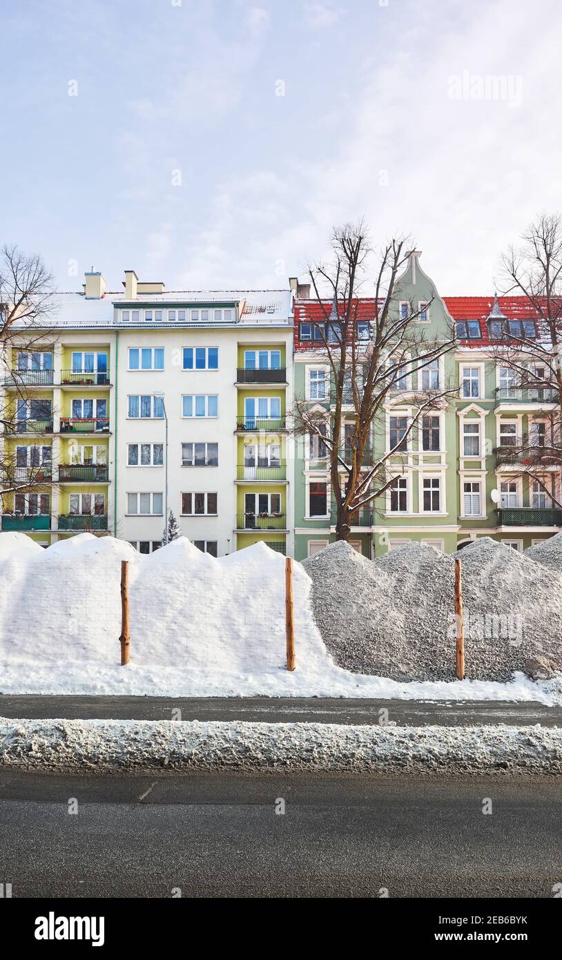 Cantiere stradale in inverno, Szczecin, Polonia. Foto Stock