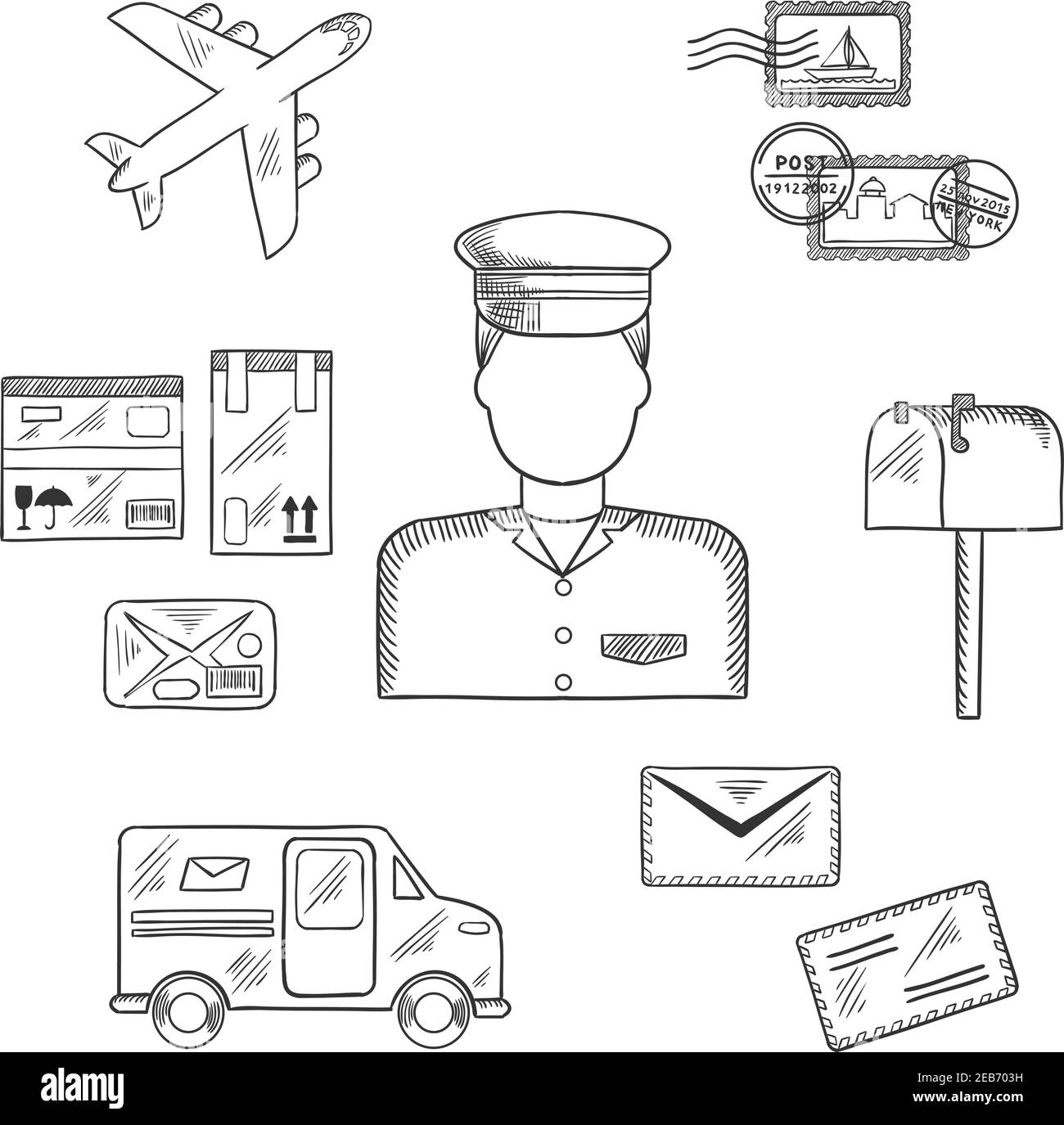 Icone di schizzi postali intorno a un postino con francobolli e letterbox, pacchi e furgone, aereo e lettere. Concetto di professione postuomo Illustrazione Vettoriale
