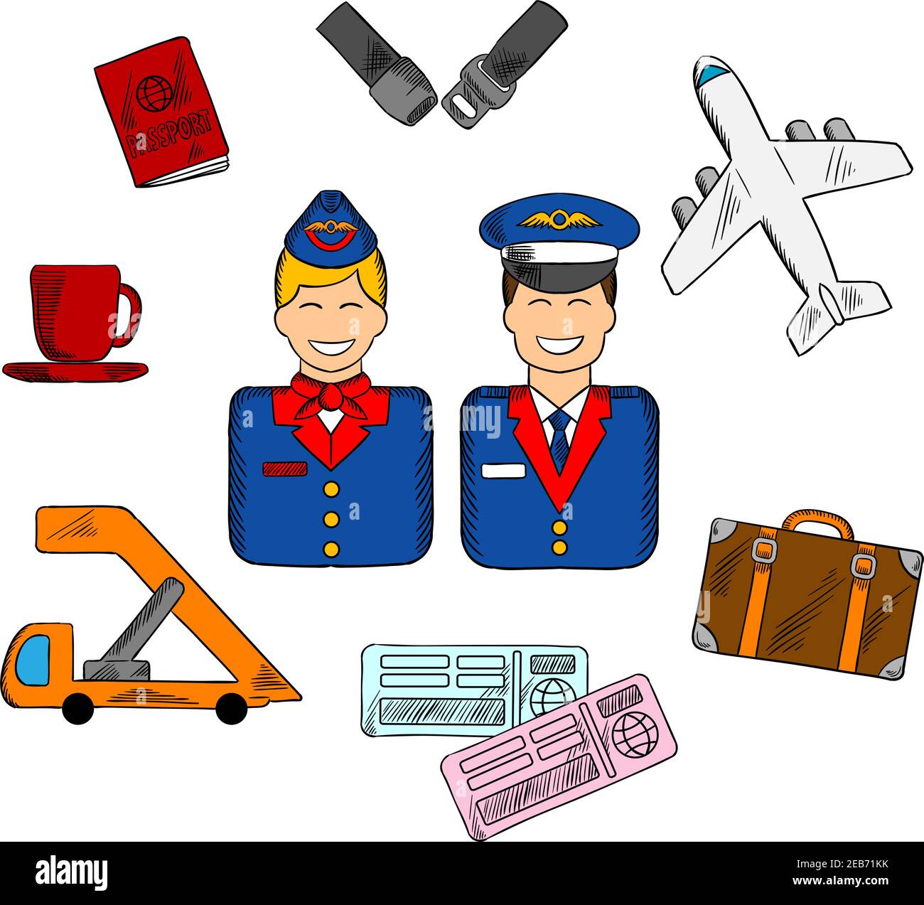 Infografica aerea in stile piatto con sorridente stewardess e pilota in uniformi pittogrammi di volo circondati che mostrano passaporto, valigia, aereo, Illustrazione Vettoriale