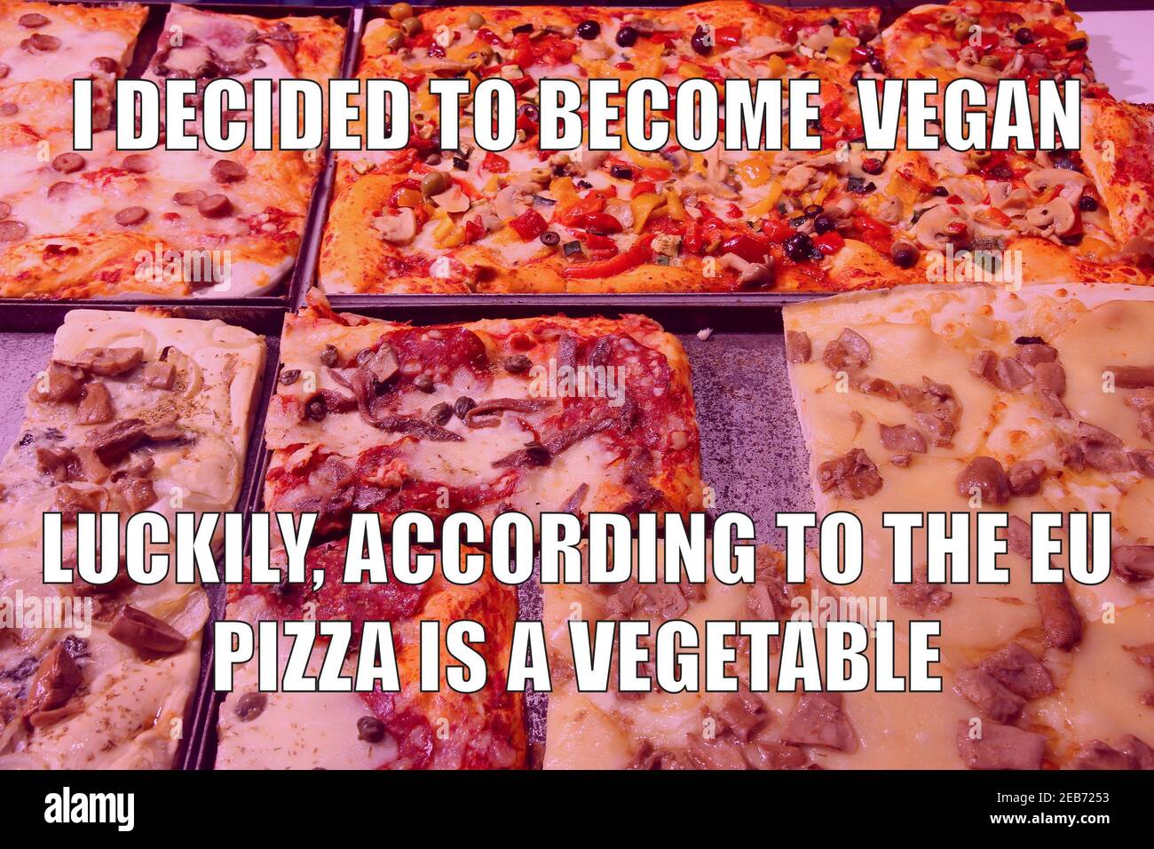 Pizza divertente meme per la condivisione dei social media. La pizza è un meme vegetale. Foto Stock