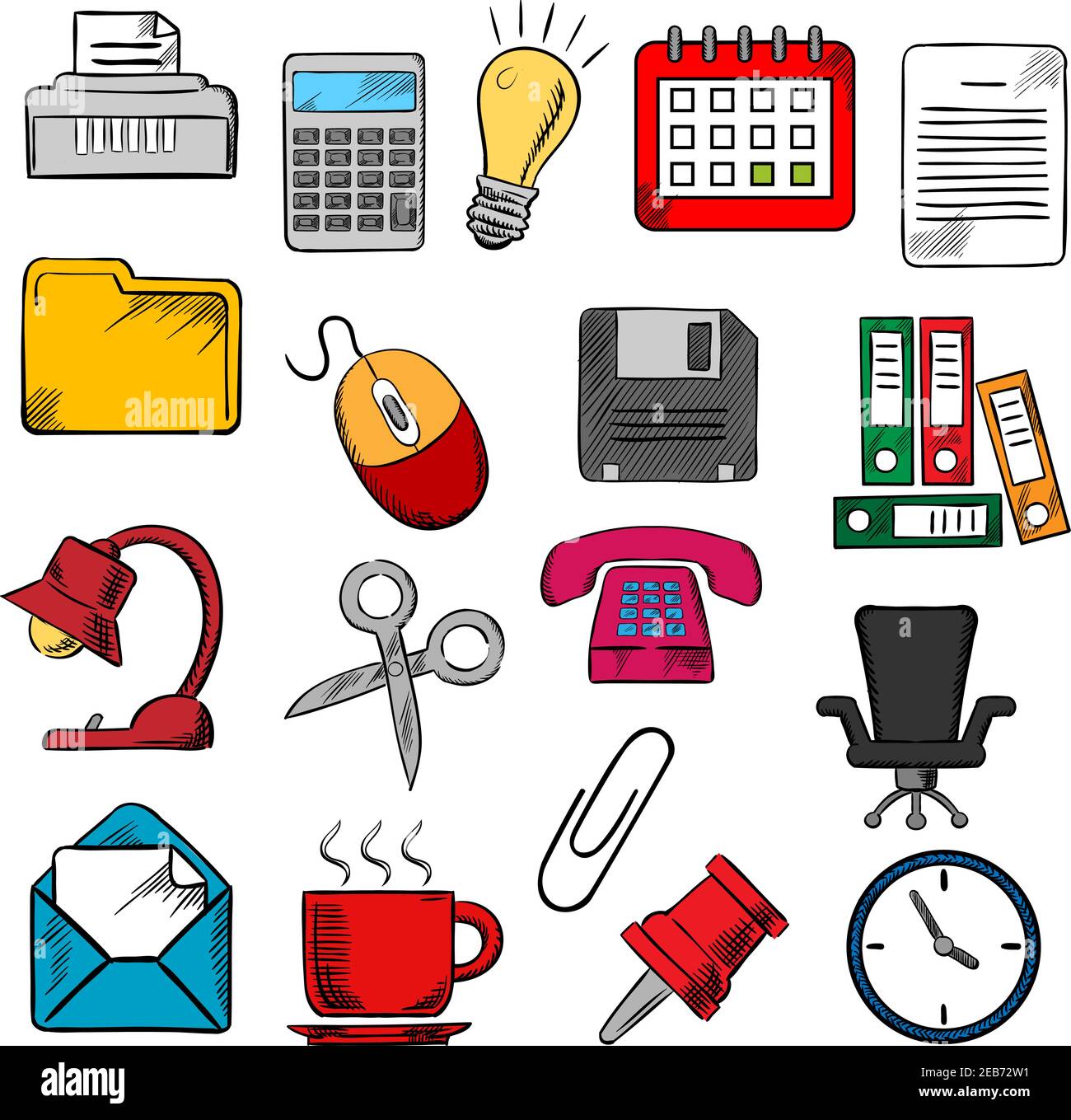Business e Office fornisce icone con lampadina e telefono, calendario e calcolatrice, mouse e e-mail, cartelle documenti e orologio, caffè tazza e c Illustrazione Vettoriale