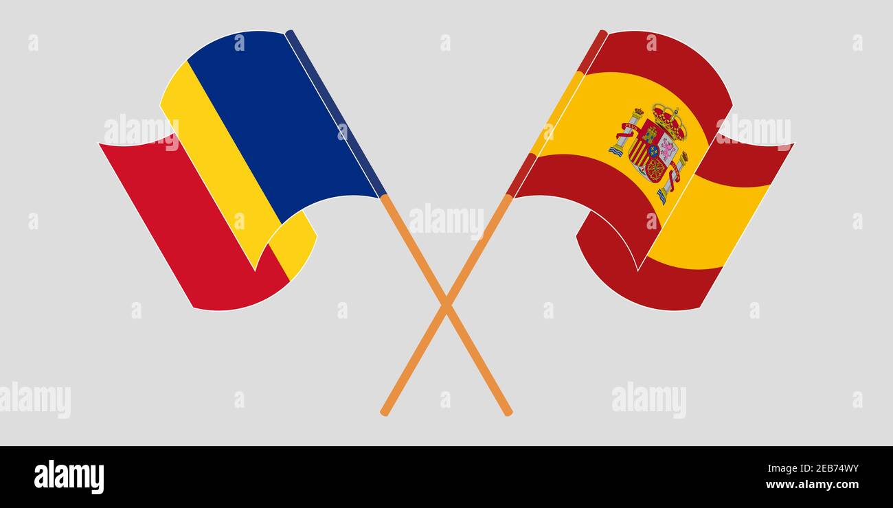 Bandiere incrociate e sventolanti di Romania e Spagna. Illustrazione vettoriale Illustrazione Vettoriale