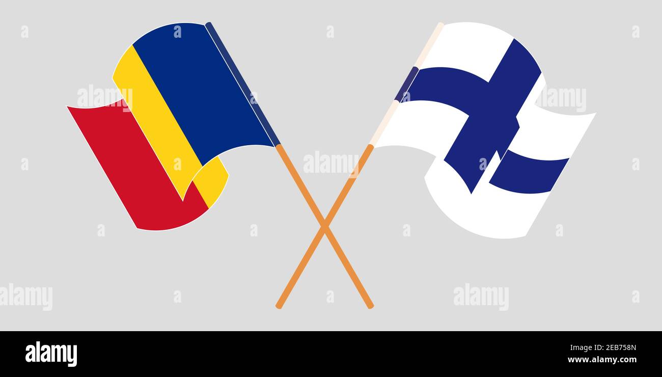 Bandiere incrociate e sventolanti di Romania e Finlandia. Illustrazione vettoriale Illustrazione Vettoriale