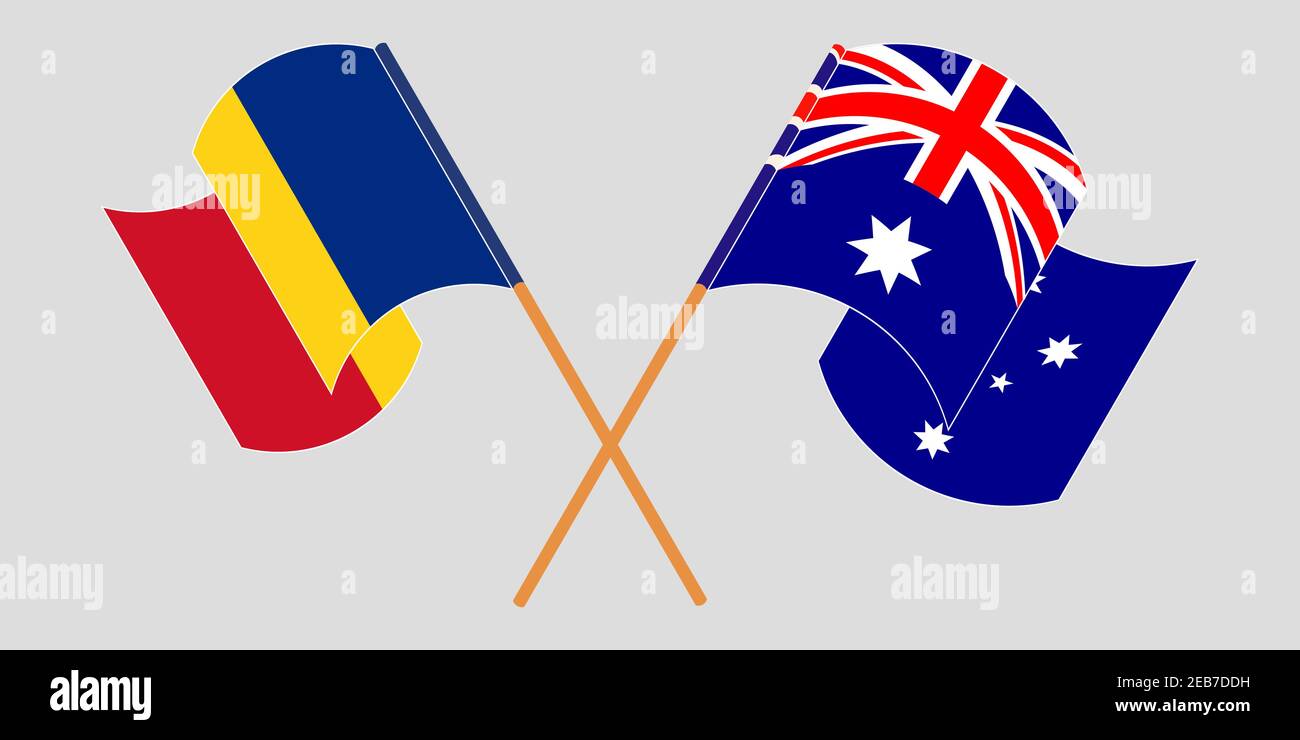 Bandiere incrociate e sventolanti di Romania e Australia. Illustrazione vettoriale Illustrazione Vettoriale