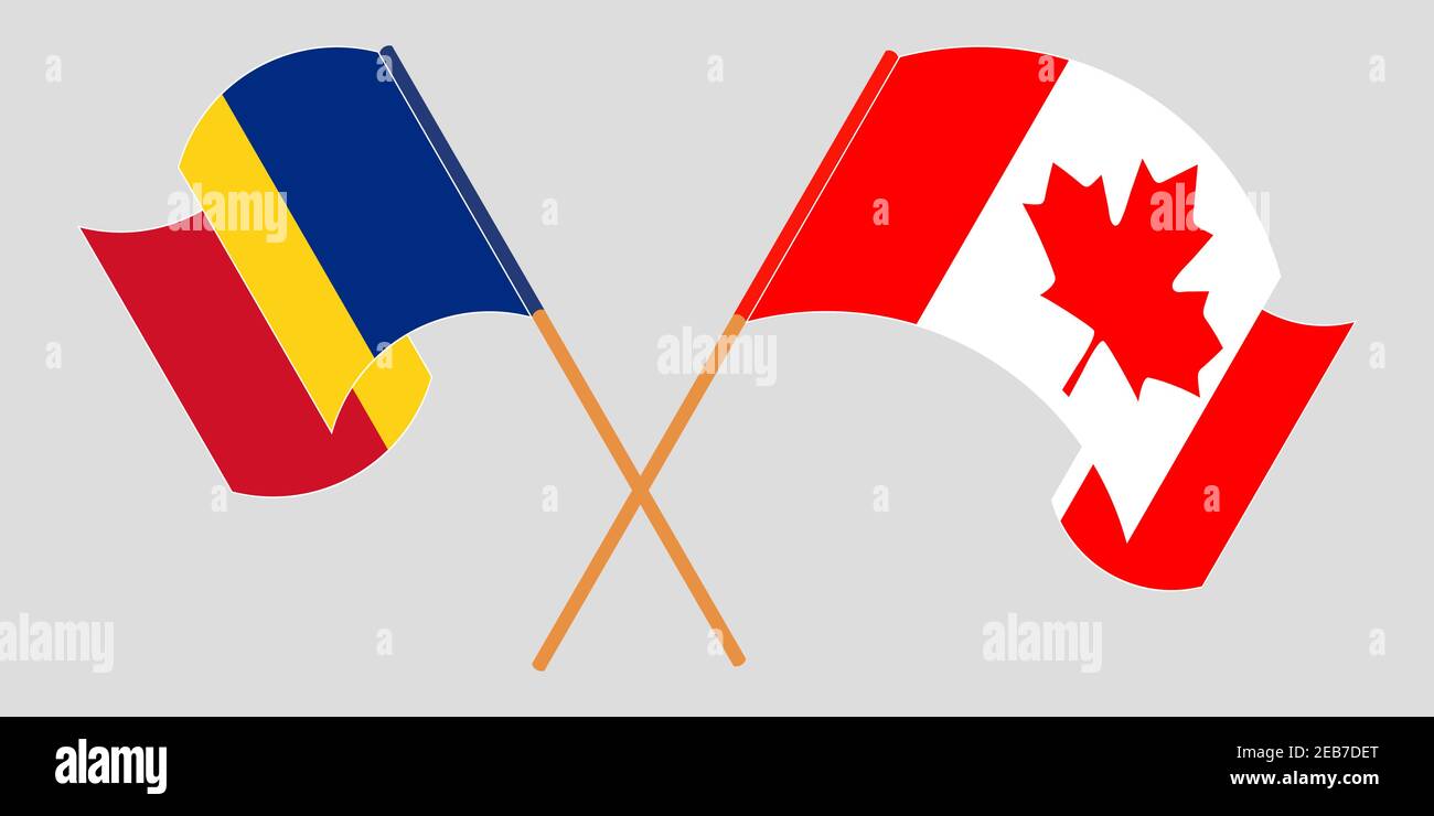 Bandiere incrociate e sventolanti di Romania e Canada. Illustrazione vettoriale Illustrazione Vettoriale