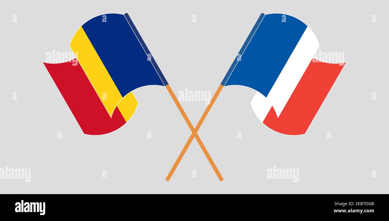 Bandiere incrociate e sventolanti di Romania e Francia. Illustrazione vettoriale Illustrazione Vettoriale