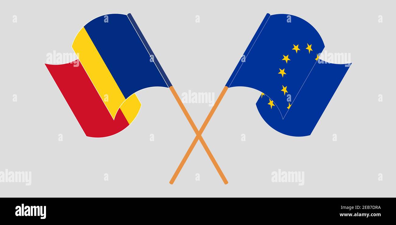 Bandiere incrociate e sventolanti della Romania e dell'UE. Illustrazione vettoriale Illustrazione Vettoriale