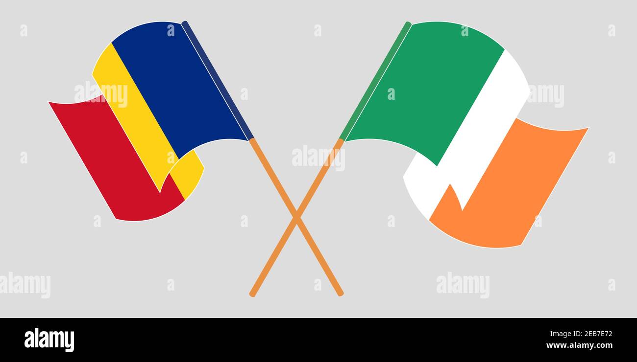 Bandiere incrociate e sventolanti di Romania e Irlanda. Illustrazione vettoriale Illustrazione Vettoriale
