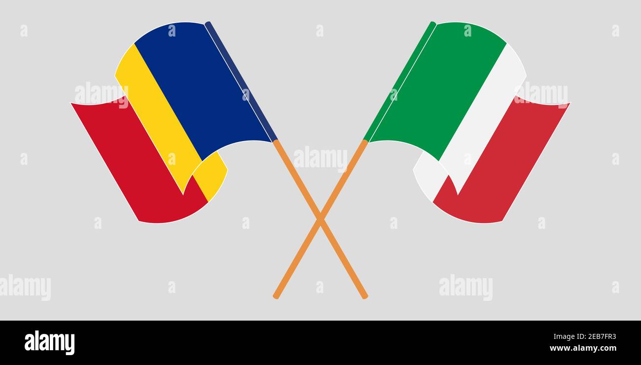 Bandiere incrociate e sventolanti di Romania e Italia. Illustrazione vettoriale Illustrazione Vettoriale