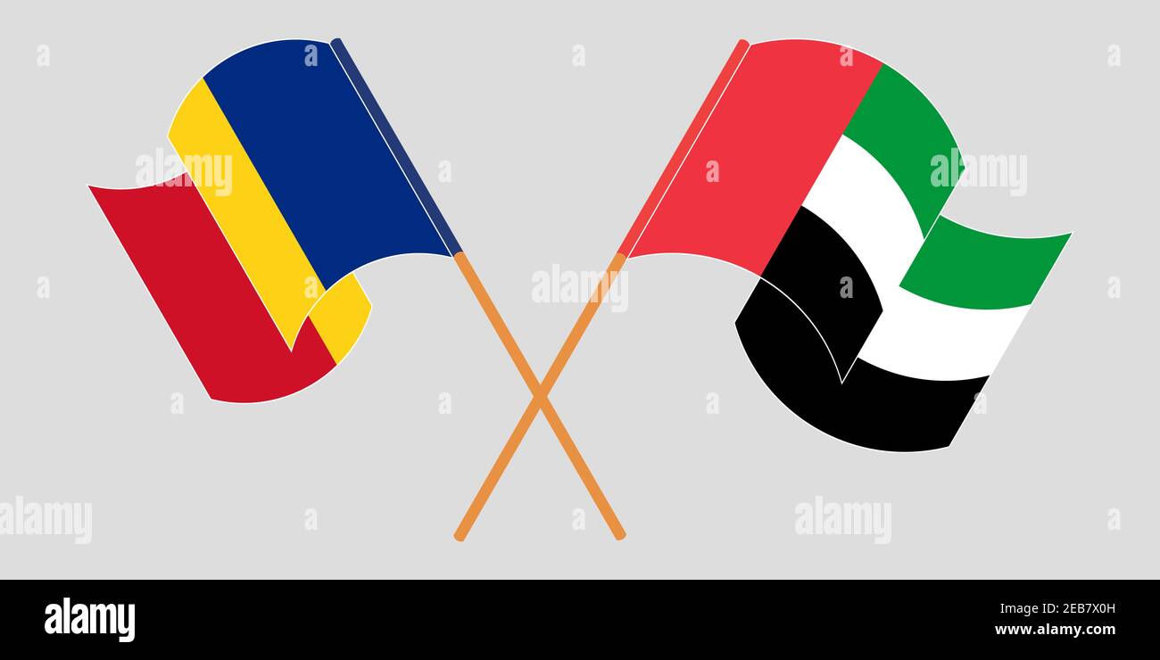 Bandiere incrociate e sventolanti della Romania e degli Emirati Arabi Uniti. Illustrazione vettoriale Illustrazione Vettoriale