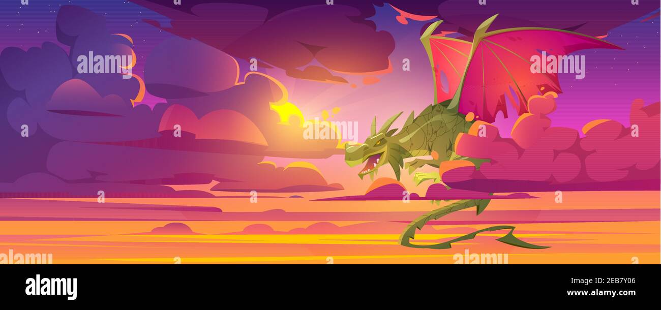 Drago in cielo nuvoloso, personaggio fantastico, creatura magica che vola in cielo crepuscolo con belle nuvole viola, animale da fiaba, libro di fantasia o personaggio di gioco per computer, illustrazione vettoriale di Cartoon Illustrazione Vettoriale