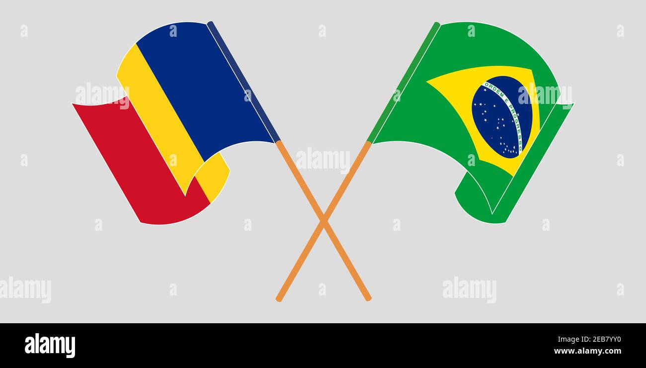 Bandiere incrociate e sventolanti di Romania e Brasile. Illustrazione vettoriale Illustrazione Vettoriale