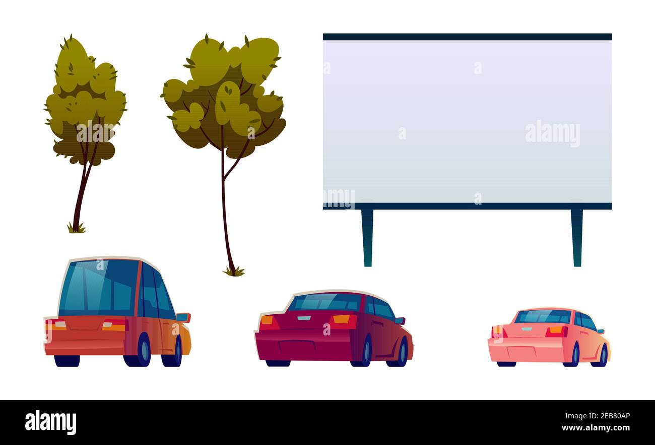 Set di elementi isolati per il cinema di strada dell'automobile, grande schermo esterno per film, automobili e alberi verdi. Oggetti teatrali drive-in, parcheggio all'aperto su sfondo bianco, illustrazione vettoriale Cartoon, icone Illustrazione Vettoriale
