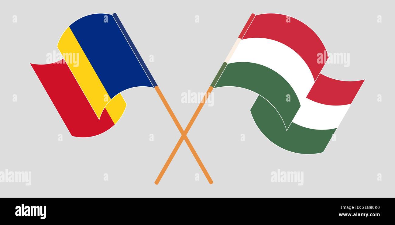 Bandiere incrociate e sventolanti di Romania e Ungheria. Illustrazione vettoriale Illustrazione Vettoriale