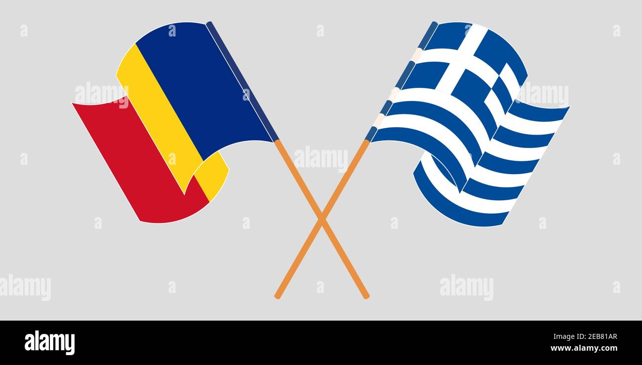 Bandiere incrociate e sventolanti di Romania e Grecia. Illustrazione vettoriale Illustrazione Vettoriale
