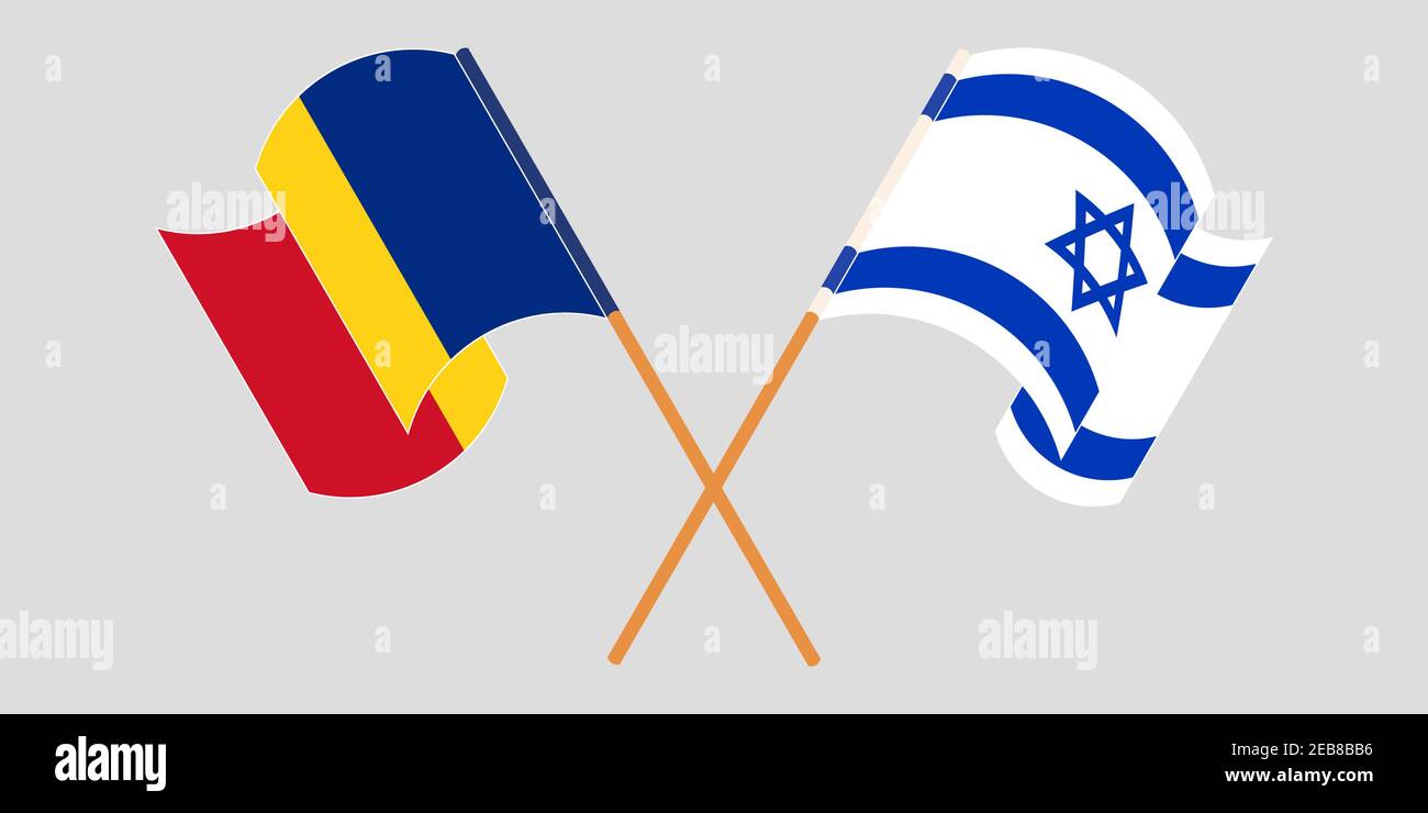 Bandiere incrociate e sventolanti di Romania e Israele. Illustrazione vettoriale Illustrazione Vettoriale