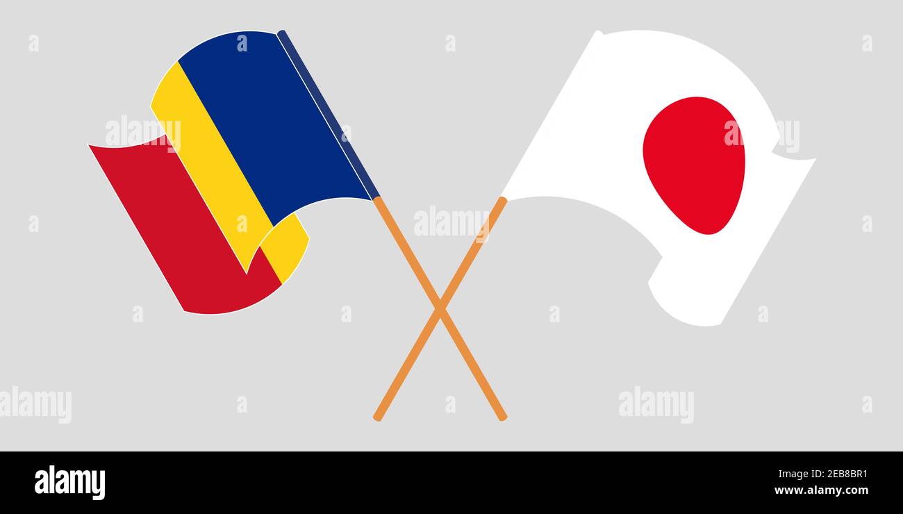 Bandiere incrociate e sventolanti di Romania e Giappone. Illustrazione vettoriale Illustrazione Vettoriale