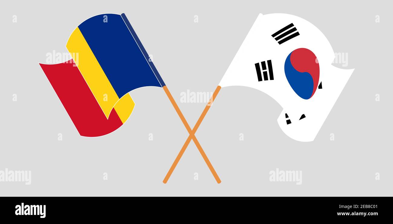 Bandiere incrociate e sventolanti della Romania e della Corea del Sud. Illustrazione vettoriale Illustrazione Vettoriale