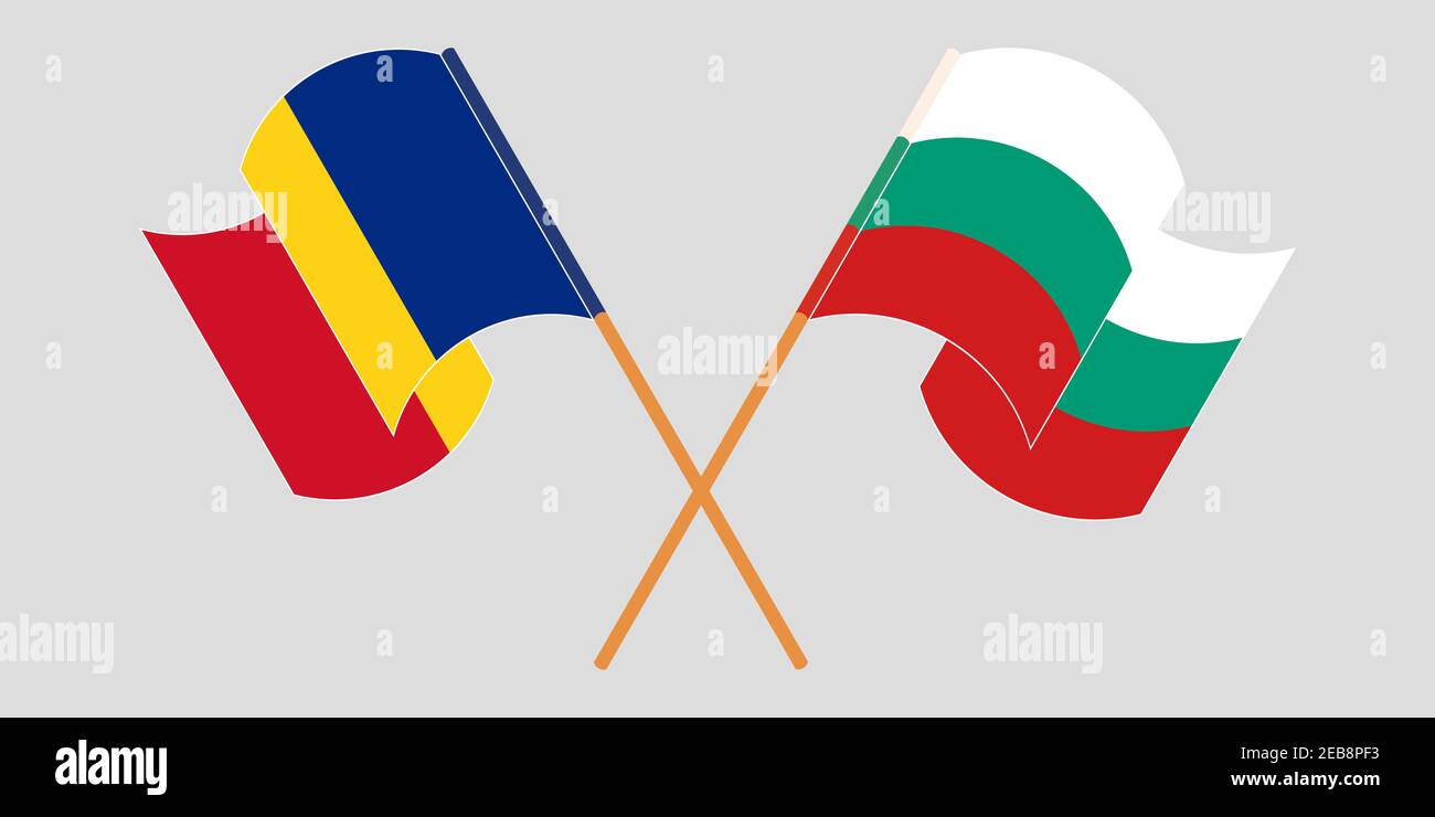 Bandiere incrociate e sventolanti di Romania e Bulgaria. Illustrazione vettoriale Illustrazione Vettoriale