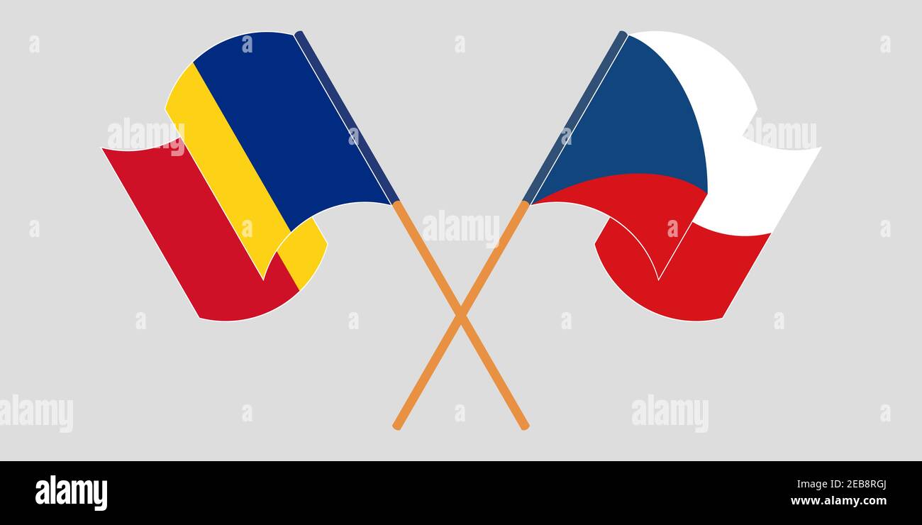Bandiere incrociate e sventolanti della Romania e della Repubblica Ceca. Illustrazione vettoriale Illustrazione Vettoriale