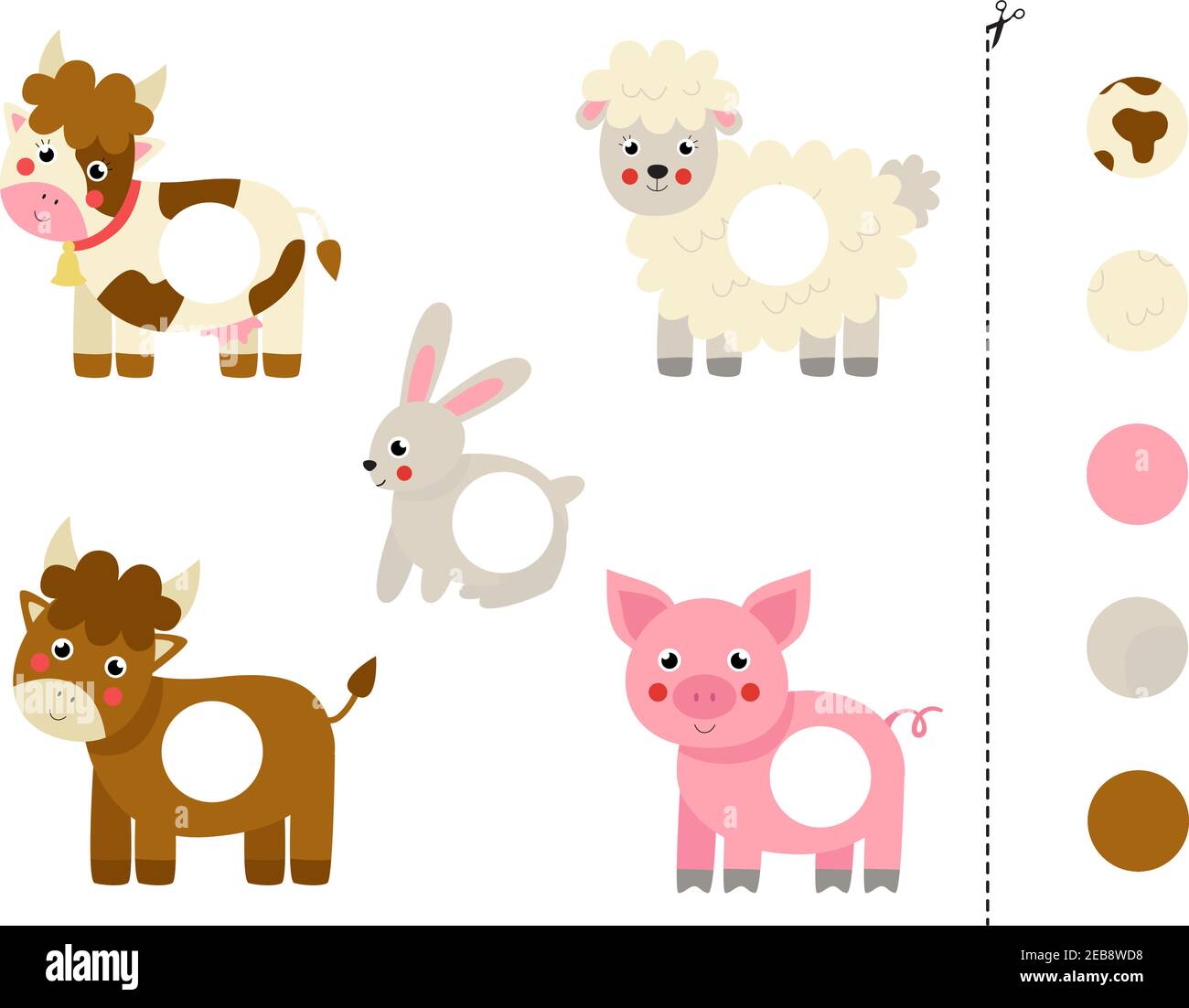 Tagliare e incollare parti di animali da fattoria vettoriali cartoni animati. Gioco logico educativo per bambini. Partita corrispondente. Illustrazione Vettoriale