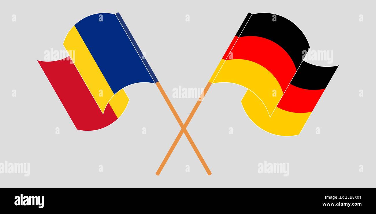 Bandiere incrociate e sventolanti di Romania e Germania. Illustrazione vettoriale Illustrazione Vettoriale