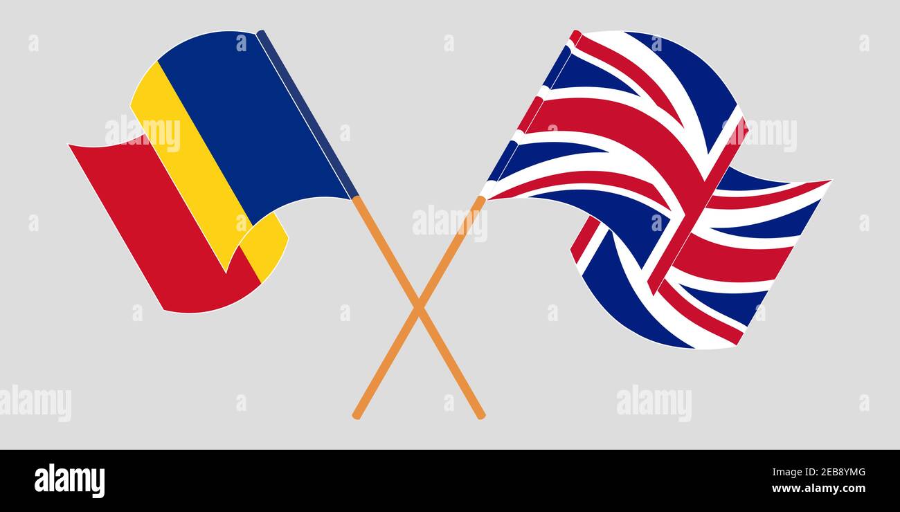 Bandiere incrociate e sventolanti della Romania e del Regno Unito. Illustrazione vettoriale Illustrazione Vettoriale