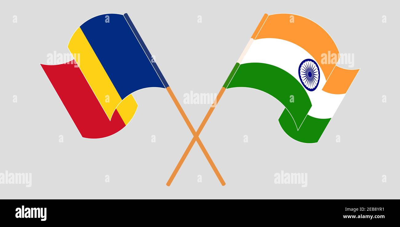 Bandiere incrociate e sventolanti di Romania e India. Illustrazione vettoriale Illustrazione Vettoriale