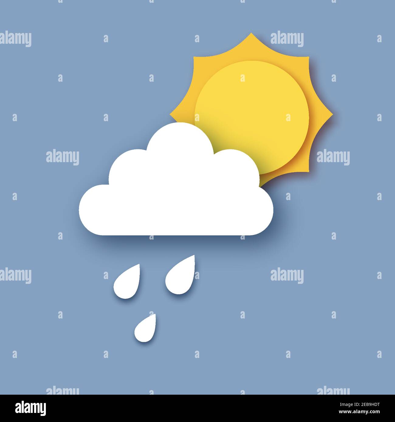 Cielo con nuvole piovose, sole e gocce di pioggia. Tempo di taglio della carta. Vettore. Illustrazione Vettoriale