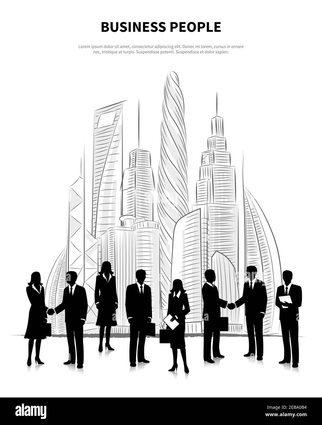 Concetto di uomini d'affari con silhouette maschili e femminili su sfondo dell'illustrazione vettoriale dei grattacieli Illustrazione Vettoriale
