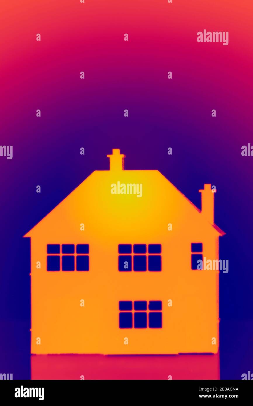 Immagine termica della Model House che mostra la perdita di calore e l'energia Efficienza Foto Stock