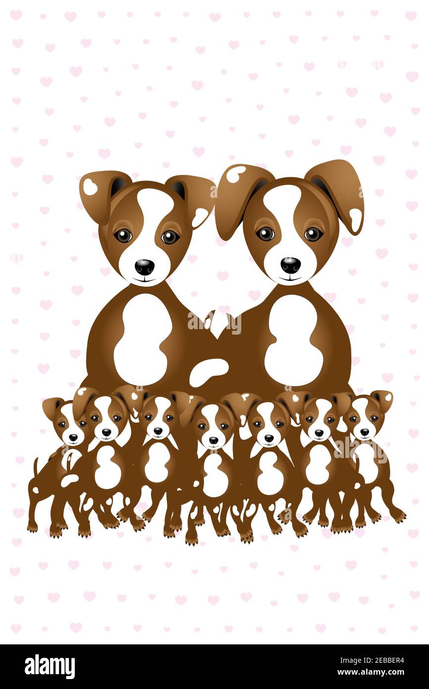 Jack Russell - tanto amore - illustrazione fatta da Una famiglia di Jack Russells con 7 cuccioli e mamma e papà su sfondo fatto da cuori rosa Foto Stock