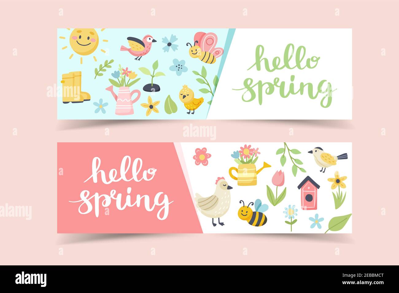 Ciao banner primavera con scritte e carino uccelli, api, farfalle. Simpatica illustrazione vettoriale disegnata a mano, modello di banner Illustrazione Vettoriale