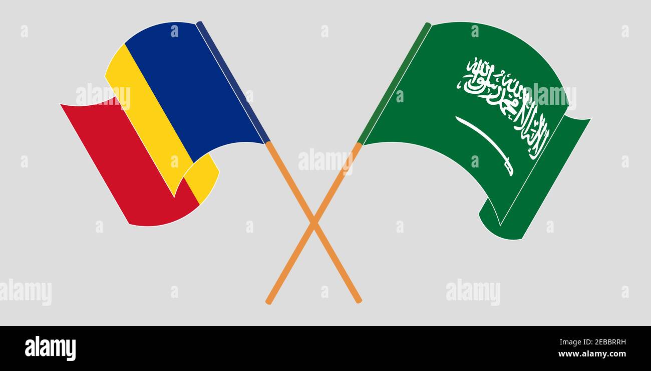 Bandiere incrociate e sventolanti della Romania e del Regno dell'Arabia Saudita. Illustrazione vettoriale Illustrazione Vettoriale