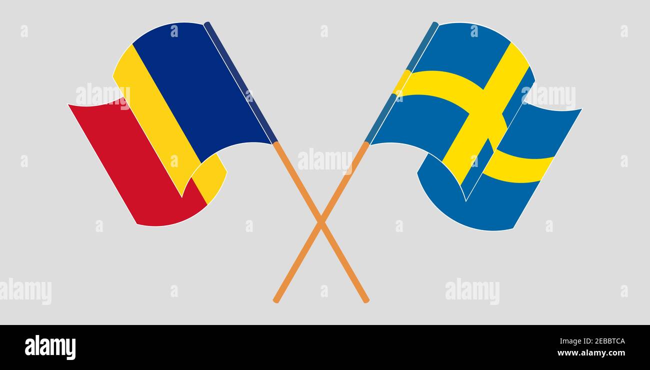 Bandiere incrociate e sventolanti di Romania e Svezia. Illustrazione vettoriale Illustrazione Vettoriale
