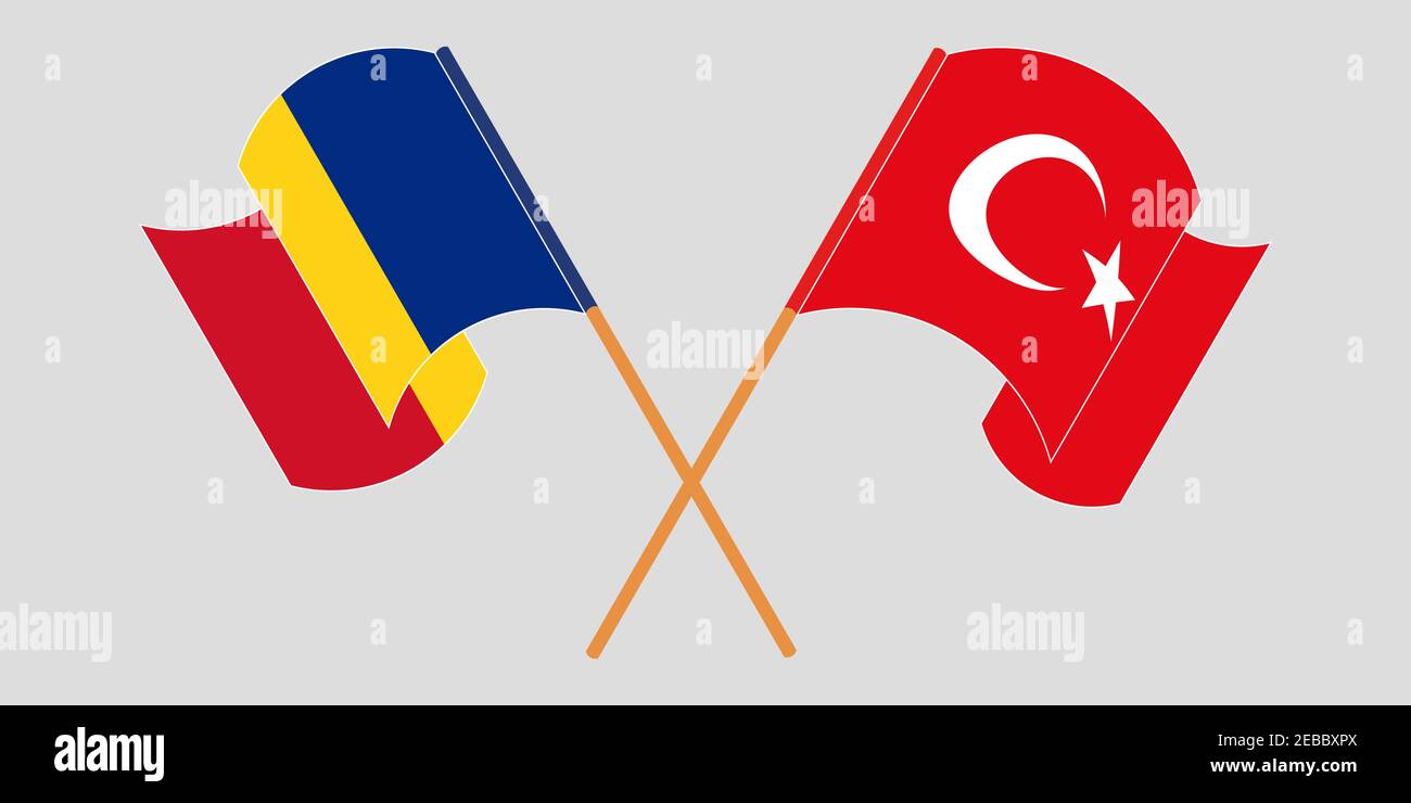 Bandiere incrociate e sventolanti di Romania e Turchia. Illustrazione vettoriale Illustrazione Vettoriale