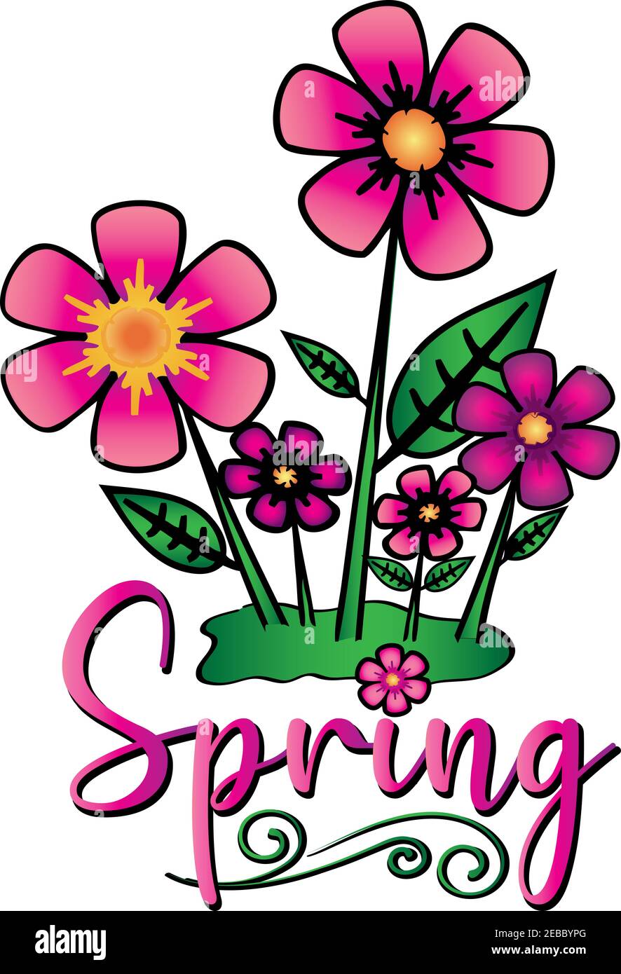 Fiori di primavera con la primavera testo grafico con colori brillanti e. fiorisce Foto Stock