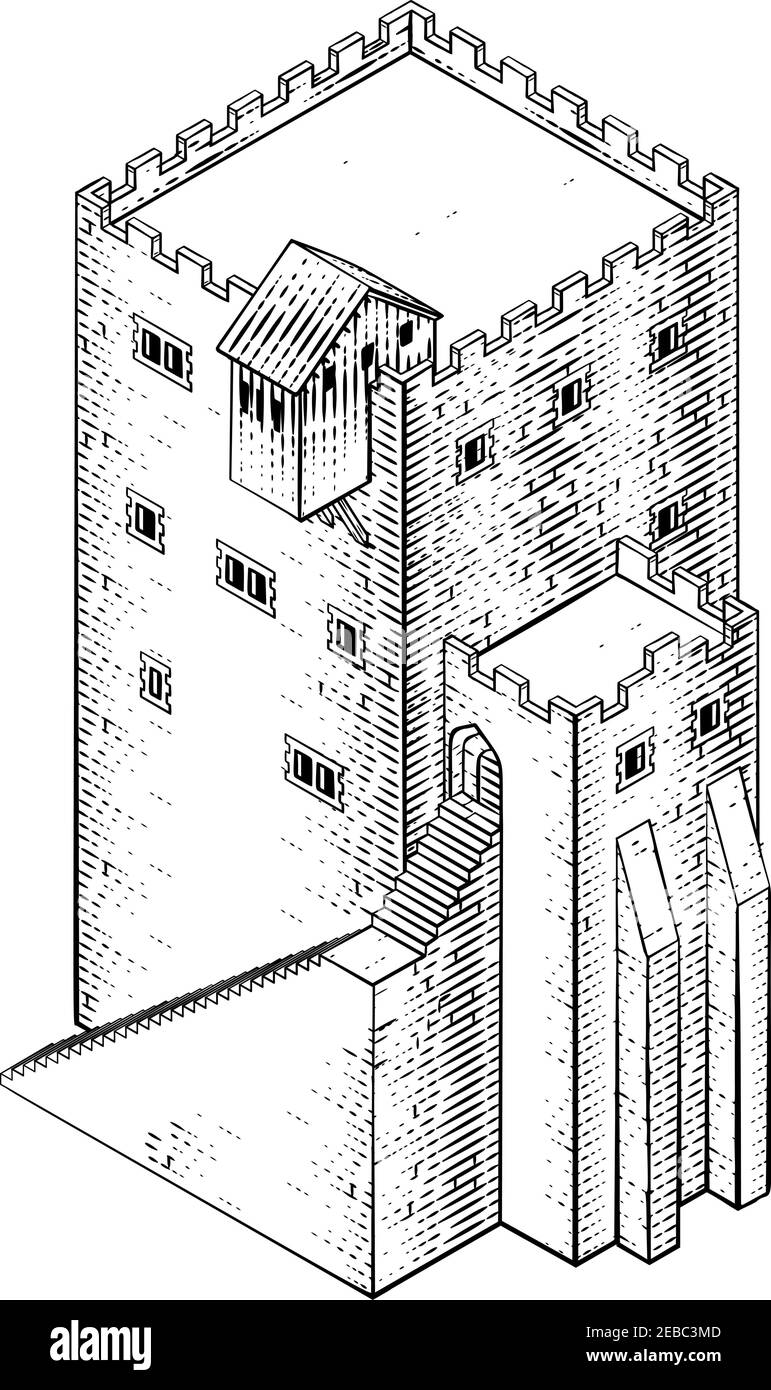 Illustrazione d'epoca dell'icona della mappa medievale dell'edificio Illustrazione Vettoriale