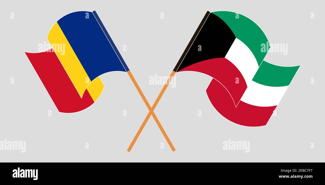Bandiere incrociate e sventolanti di Romania e Kuwait. Illustrazione vettoriale Illustrazione Vettoriale