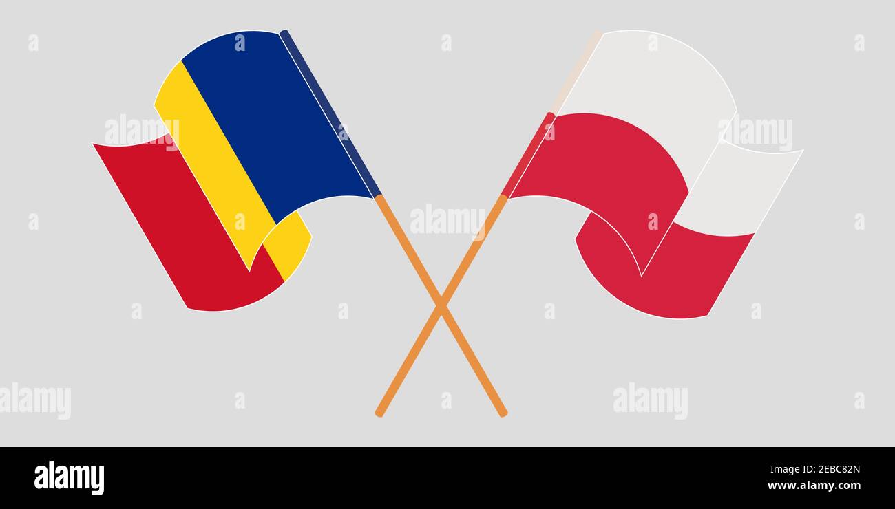 Bandiere incrociate e sventolanti di Romania e Polonia. Illustrazione vettoriale Illustrazione Vettoriale