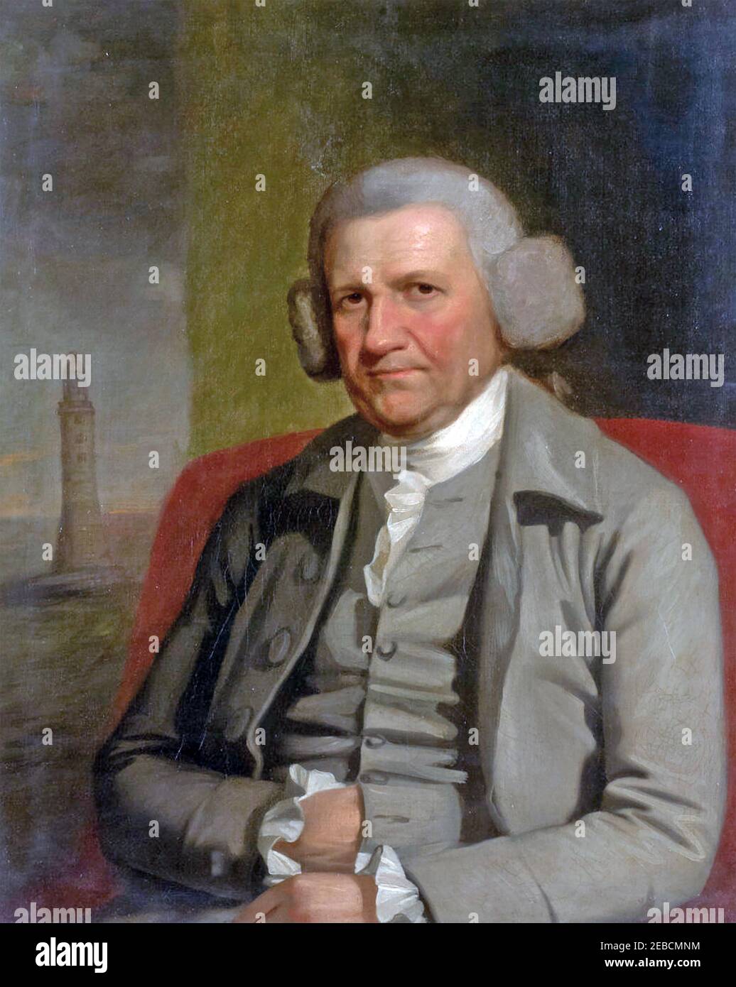 JOHN SMEATON (1724-1792) ingegnere civile inglese con il suo faro di Eddystone sullo sfondo. Foto Stock