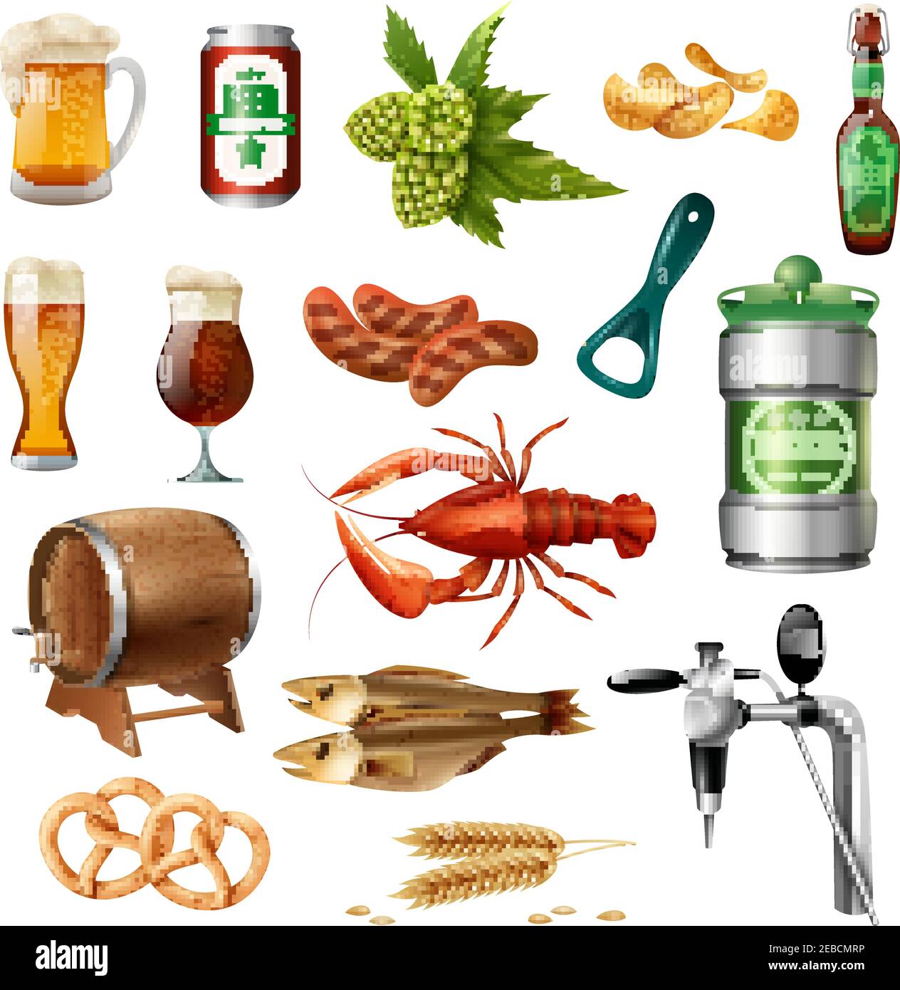 Oktoberfest birra spuntini e accessori colorata icone collezione con quercia aragosta a botte e pretzel isolato vettore illustrazione Illustrazione Vettoriale