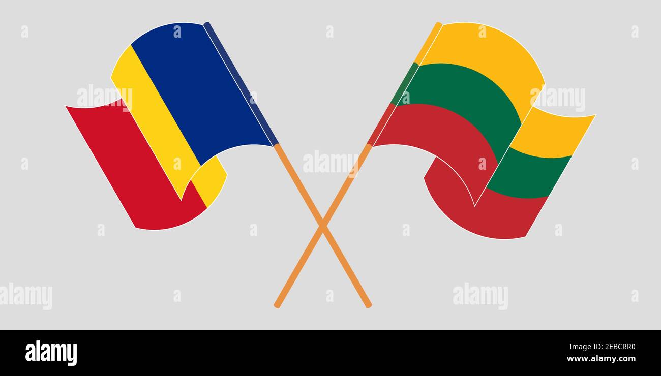 Bandiere incrociate e sventolanti di Romania e Lituania. Illustrazione vettoriale Illustrazione Vettoriale