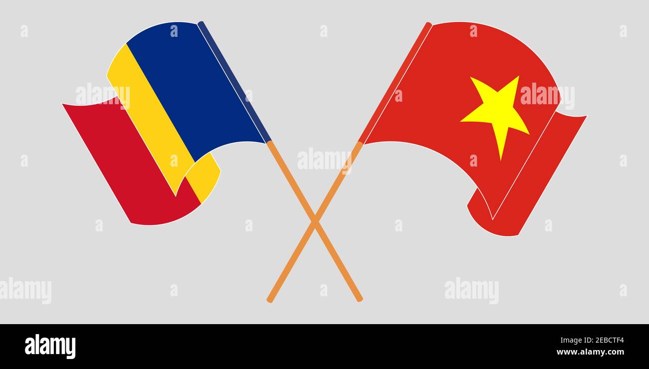 Bandiere incrociate e sventolanti di Romania e Vietnam. Illustrazione vettoriale Illustrazione Vettoriale