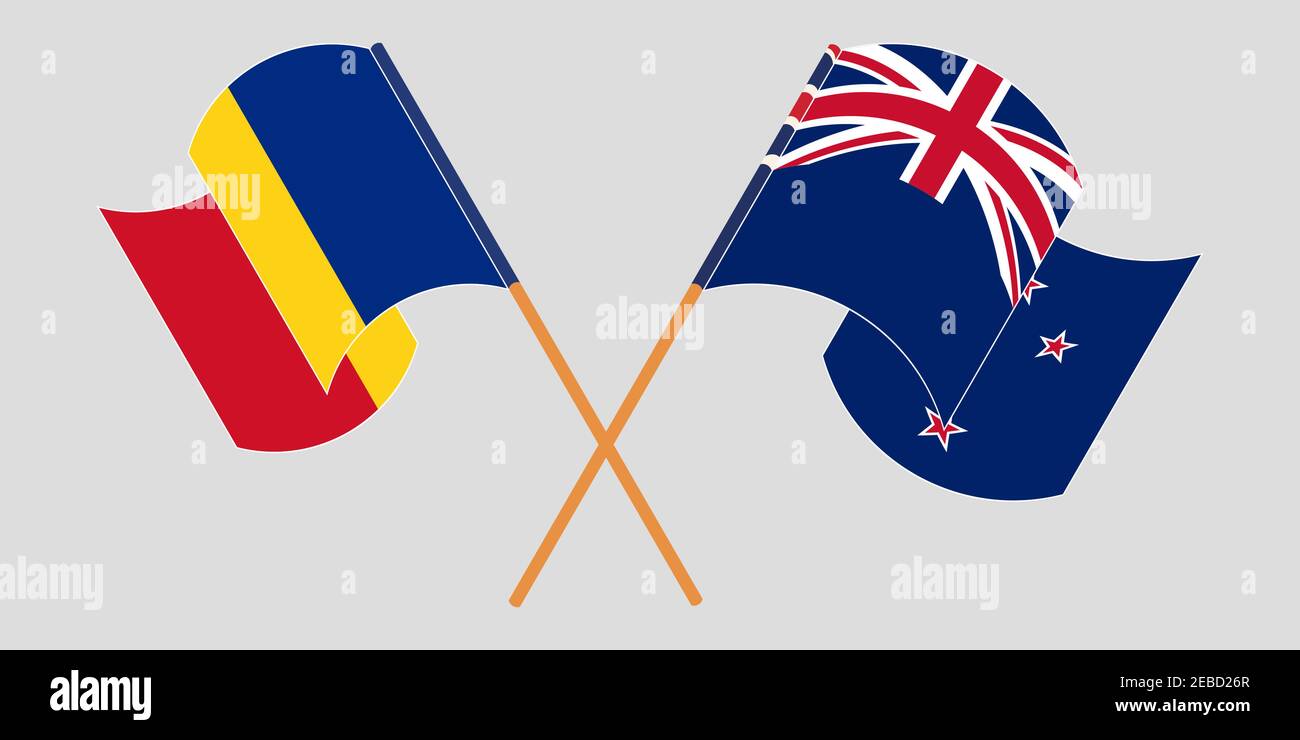 Bandiere incrociate e sventolanti di Romania e Nuova Zelanda. Illustrazione vettoriale Illustrazione Vettoriale