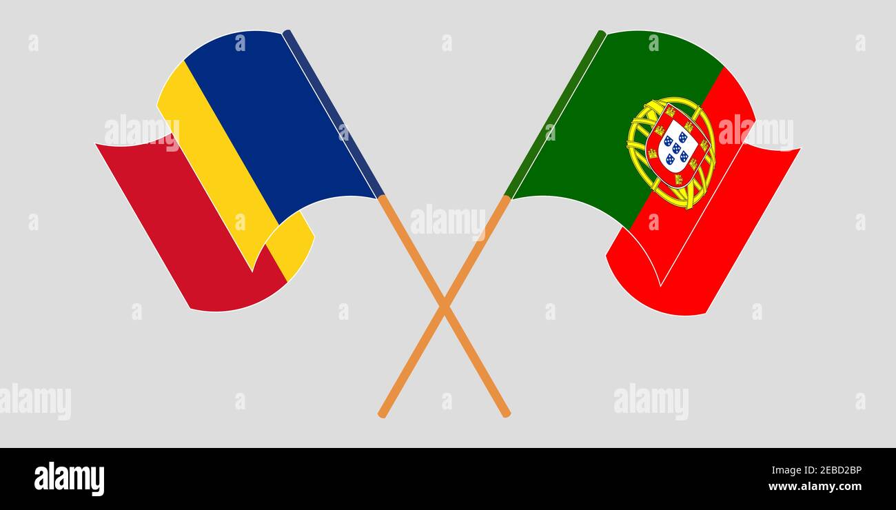 Bandiere incrociate e sventolanti di Romania e Portogallo. Illustrazione vettoriale Illustrazione Vettoriale