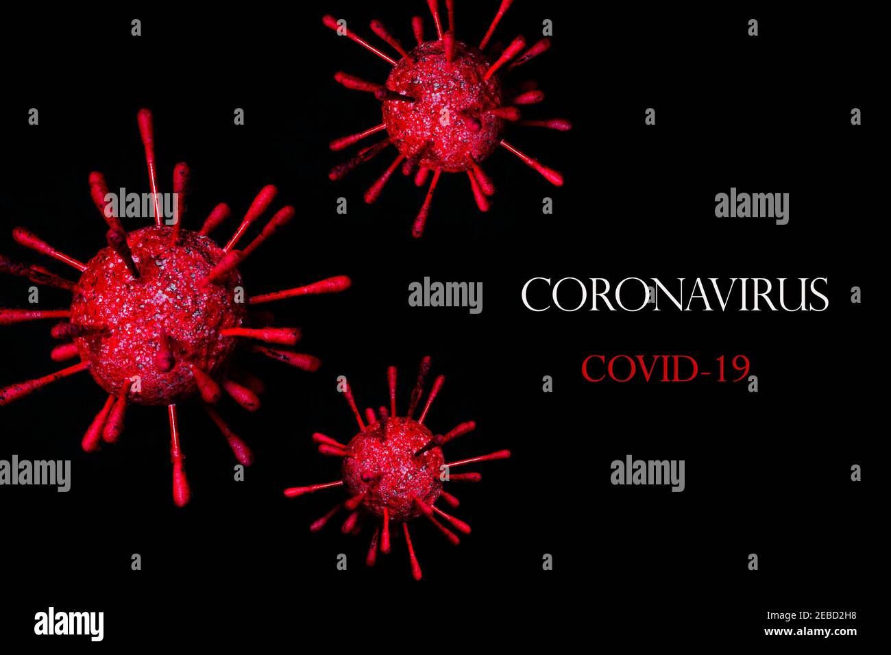 Cellule del virus su sfondo nero. Nuova epidemia Foto Stock