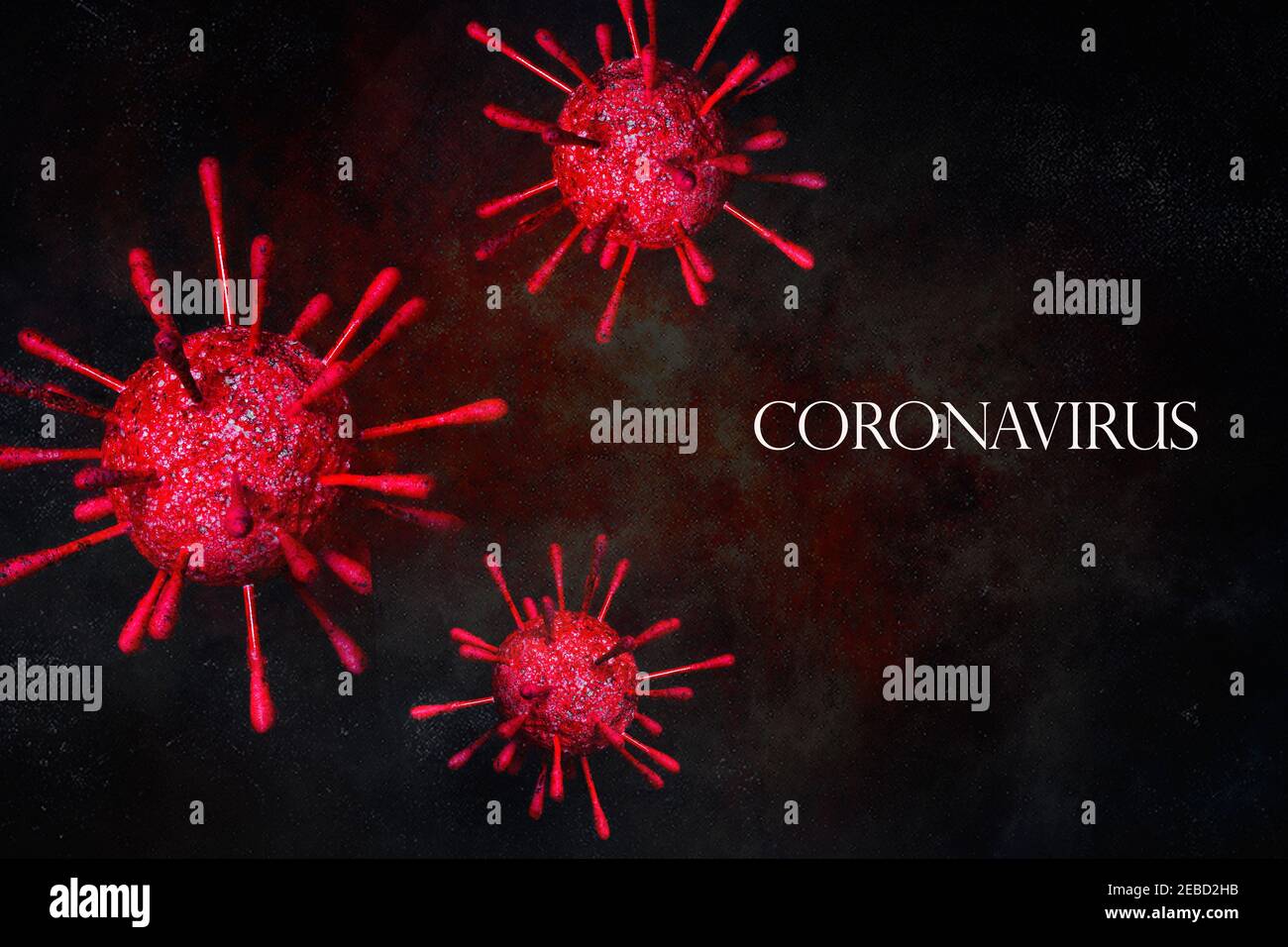 Cellule del virus su sfondo nero con testo del coronavirus. Nuova epidemia Foto Stock