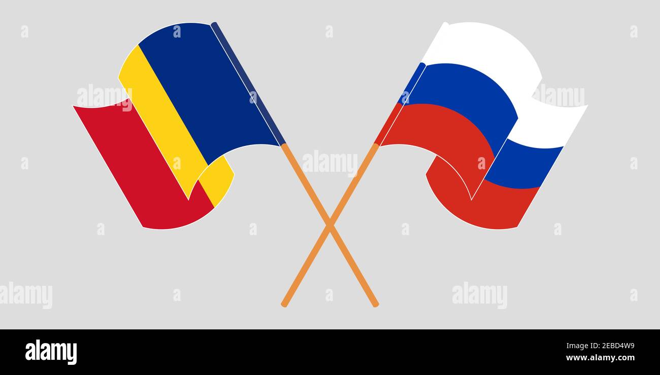 Bandiere incrociate e sventolanti di Romania e Russia. Illustrazione vettoriale Illustrazione Vettoriale